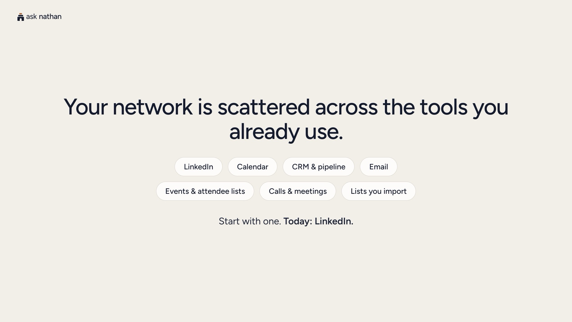 Cover of the LinkedIn walkthrough: Your network is scattered across the tools you already use, with LinkedIn, Calendar, CRM and pipeline, Email, event lists and meetings; start with one, today LinkedIn.