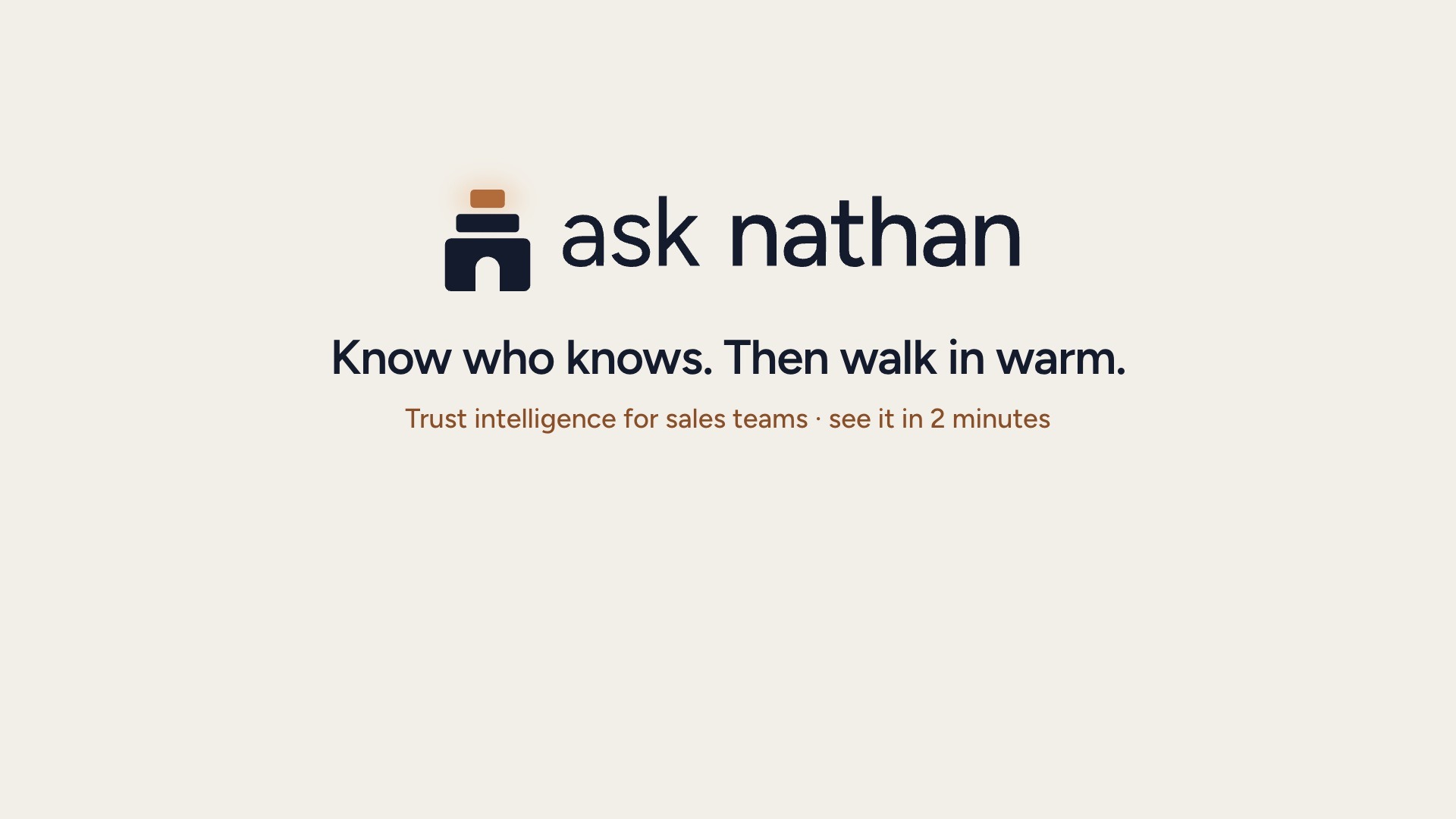 Cover of the Ask Nathan product tour: the ask nathan logo above the line Know who knows. Then walk in warm.