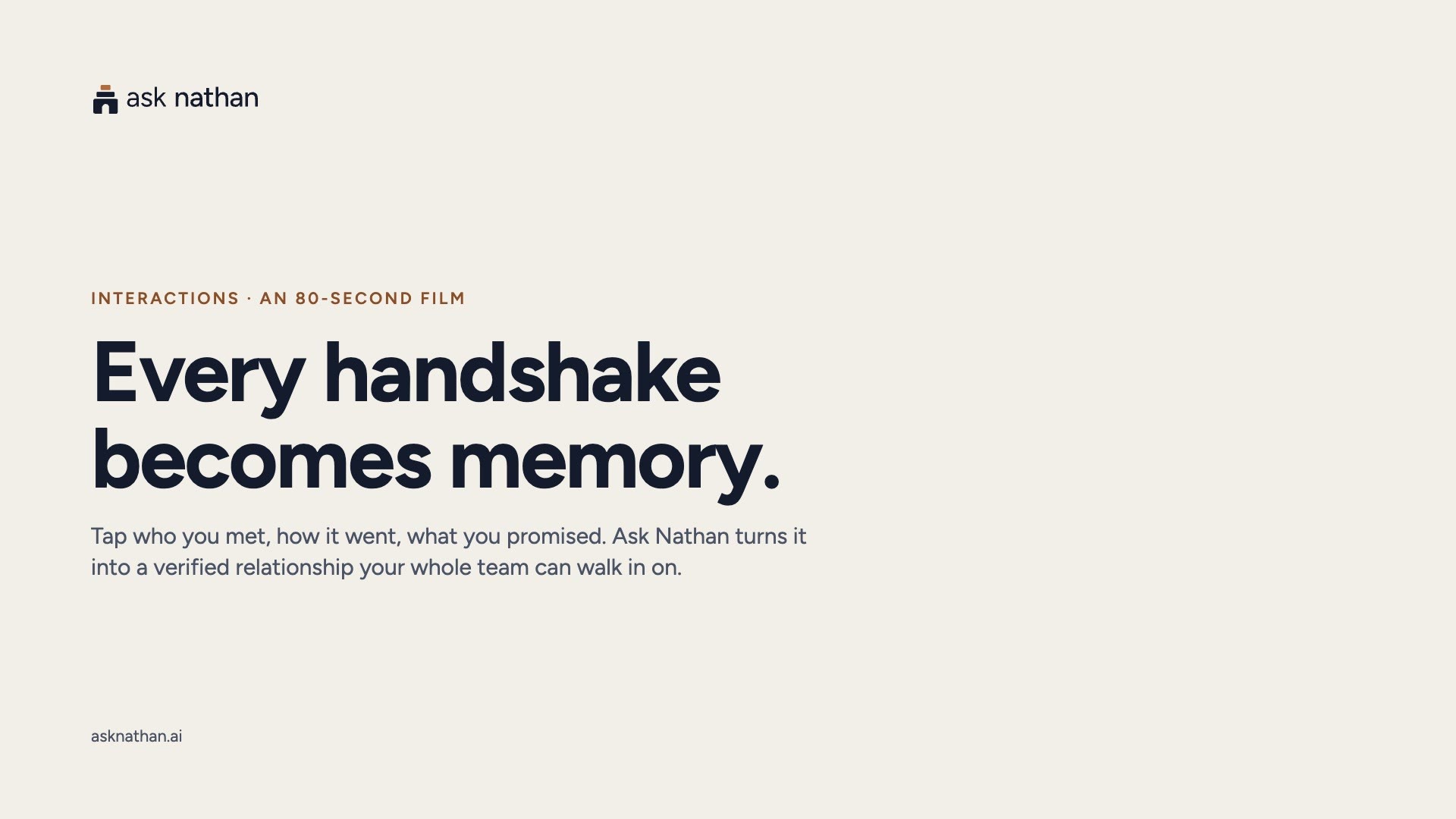 Cover of the Interactions film: Every handshake becomes memory, an 80-second film from Ask Nathan.